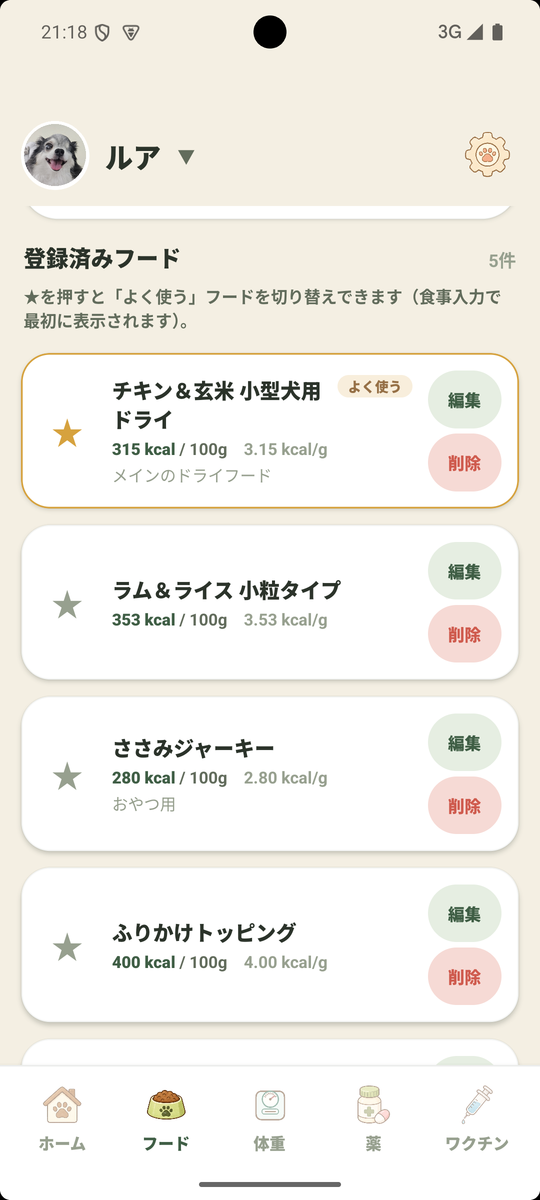 登録済みフードの一覧画面。フード名と100gあたりのカロリーを登録し、よく使うフードを切り替えられる。